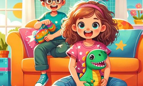 Una ragazza di 10 anni, Chiara, con capelli castani e ricci e occhi vivaci, è seduta sul pavimento del soggiorno, tenendo un adorabile pupazzetto a forma di dinosauro chiamato Dino, con un grande sorriso sul volto. Indossa una maglietta rosa con stelle e un pantaloncino di jeans, e sembra piena di energia ed entusiasmo. Accanto a lei, suo fratello Marco, di 12 anni, con capelli castani e occhiali, fa una smorfia divertente per farla ridere. Indossa una maglietta blu e pantaloni cargo, ed è accovacciato, pronto a imitare un animale. Il soggiorno è luminoso e accogliente, con un grande divano colorato, cuscini sparsi e giocattoli in disordine. La scena principale mostra Chiara e Marco in competizione ludica, ridendo e divertendosi insieme in una corsa ad ostacoli improvvisata, con Dino come il loro prezioso trofeo.