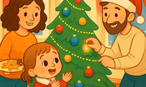 Una bambina di 2 anni, di nome Lina, con grandi occhi brillanti e guance rosa, sorride gioiosamente guardando un grande albero di Natale decorato con palline colorate e ghirlande scintillanti. Indossa un bel vestito rosso con motivi di fiocchi di neve e una sciarpa bianca. Accanto a lei, sua mamma, una donna di circa 30 anni, con capelli castani e ricci, sorride teneramente mentre tiene un piatto di biscotti di Natale. Indossa un maglione morbido e caldo. Un po' più in là, suo papà, un uomo di circa 35 anni, con una leggera barba e un cappello di Natale, regola le luci dell'albero, piegandosi con un sorriso complice. La scena si svolge in un soggiorno accogliente, con pareti color crema, finestre decorate con tende rosse e un tappeto morbido sul pavimento. Fuori, la neve cade dolcemente, coprendo il paesaggio con un manto bianco. Lina, incantata, applaude scoprendo le decorazioni scintillanti dell'albero, mentre mamma e papà condividono un momento di felicità, creando un'atmosfera calda e festosa.