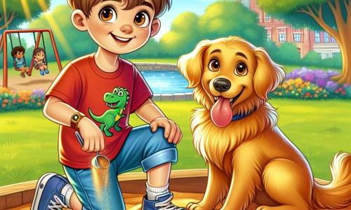 Ein 10-jähriger Junge namens Max steht am Rand eines großen, goldenen Sandstrandes, mit funkelnden Augen vor Neugier und einem breiten Lächeln im Gesicht. Er trägt ein rotes T-Shirt mit einem Dinosaurier-Motiv, eine blaue Shorts und abgetragene Turnschuhe und gräbt mit seinen Händen im Sand, wobei er eine kleine Holzkiste entdeckt. Neben ihm steht sein treuer Hund Bruno, ein golden retriever mit goldenem Fell, mit hängender Zunge und schaut aufgeregt, was Max gefunden hat. Bruno sitzt auf seinen Hinterbeinen, bereit zu springen, und scheint die Begeisterung seines Freundes zu teilen. Der Ort ist ein sonniger Park, voller Grün, mit majestätischen Bäumen und bunten Blumen, die im Wind tanzen. Im Hintergrund sieht man einen kleinen Teich, der in der Sonne glitzert, und Kinder, die auf Schaukeln spielen. Die Hauptsituation zeigt Max in voller Aktion, wie er einen im Sand versteckten Schatz entdeckt, während Bruno ihn mit seinem fröhlichen Blick anfeuert. Die Atmosphäre ist voller Magie und Abenteuer und veranschaulicht den Entdeckergeist und die Kameradschaft zwischen dem Jungen und seinem Hund.