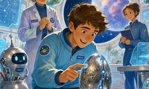Um homem, Miguel, sorrindo e maravilhado, rosto redondo com leves sardas, cabelo castanho curto e jaqueta espacial azul-claro, ajoelhado estende a mão para tocar suavemente uma pequena baliza metálica oval brilhante com LEDs azuis e padrões dourados gravados que se iluminam; a Dra. Lúcia, cerca de 45 anos, filha, cabelo grisalho cacheado preso e jaleco que muda de cor, está em pé atrás dele com as mãos juntas e olhar orgulhoso; um pequeno robô de limpeza prateado e arredondado roda suavemente à esquerda carregando instrumentos; uma jovem técnica de ~25 anos observa com um caderno à direita perto de uma mesa; o laboratório espacial é luminoso, com paredes brancas e painéis de vidro, plantas aquáticas em bolhas suspensas, ecrãs holográficos translúcidos mostrando mapas de estrelas e uma grande janela circular com vista para um céu estrelado e um planetoide enevoado colorido; cena principal: momento caloroso de descoberta e amizade, Miguel toca a baliza que responde com um brilho, todos sorriem, atmosfera calma com cores pastéis, reflexos metálicos e iluminação suave, composição centrada na mão de Miguel e na baliza.