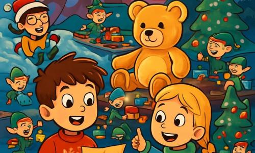Hay 3 personajes: - Lucas: un niño de 9 años, con el cabello castaño desordenado y ojos llenos de curiosidad. Lleva un suéter rojo con un diseño de reno y sostiene un mapa mágico en sus manos, mirando con asombro. - Valeria: una niña de 7 años, con el cabello largo y rubio trenzado, lleva una bufanda verde y un abrigo azul. Sonríe alegremente, señalando un árbol de Navidad brillante a su lado. - Tomás: un niño de 8 años, con cabello negro y gafas redondas. Viste una chaqueta amarilla y un gorro de Navidad. Se ríe mientras se desliza por una colina nevada, justo detrás de Lucas y Valeria. El lugar se desarrolla en el País de la Navidad, un paisaje de ensueño lleno de montañas de caramelos de colores, árboles de Navidad iluminados y un cielo estrellado. Copos de nieve caen suavemente, creando un ambiente mágico y cálido. La situación principal muestra a los tres amigos descubriendo un enorme taller de duendes, donde se fabrican juguetes a toda velocidad. Los duendes se mueven a su alrededor, y un gran oso de peluche mágico se encuentra en el centro, brillando con luz dorada. Los niños están maravillados y ríen juntos, listos para vivir una aventura inolvidable.