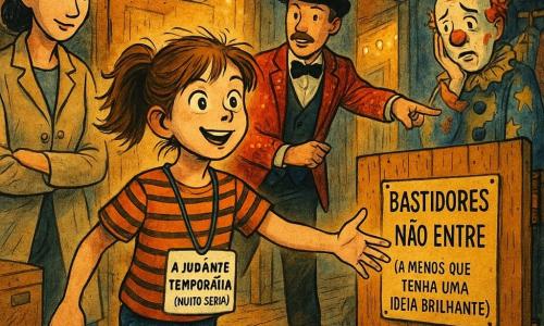 Uma menina de 12 anos, entusiasmada e concentrada, olhos grandes, cabelo castanho em rabo de cavalo ligeiramente despenteado, camiseta às riscas e jeans, usa um crachá falso escrito à mão 
