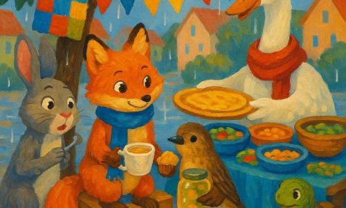 Pip the fox: small red fox with shiny fur and hazel eyes, gentle brave expression, sitting on a wooden crate offering a cup of chamomile and a muffin, blue rain‑damp scarf; Sami the sparrow: small marsh sparrow with brown speckled feathers, shy relieved look, perched on the table edge holding a jar of glowing pickles; Greta the goose: plump white goose with a long neck and red scarf, warm smile, standing behind a table offering a golden paratha; Mateo the rabbit: gray rabbit with large ears, surprised joyful face tasting a spoonful of pickle, left of Pip; Tori the turtle: green‑brown shelled turtle, calm and attentive, watching near a stew basket; setting: village square under a large apple tree with colorful hanging cloths, wooden tables piled with colorful dishes, tiny flags, light rain and shiny puddles on cobbles; scene: warm market exchange where Pip encourages Sami to share pickles, small gestures of solidarity as animals taste curiously, bright atmosphere despite rain, warm colors, visible brushstrokes, wet reflections and sharp facial and food textures in a vivid, high‑contrast acrylic painting style.
