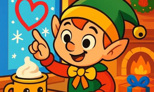 Um duende travesso, Pirilim, com olhos brilhantes e um sorriso travesso, usa um gorro verde com um pequeno sininho que faz 