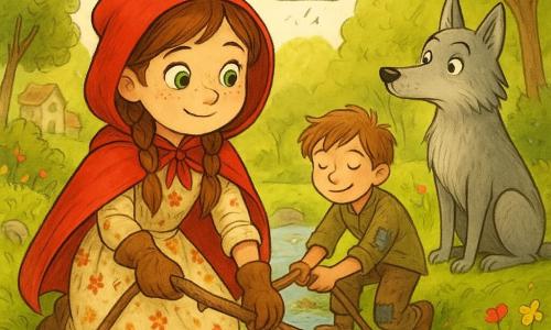 Little Red Riding Hood: a brave, gentle girl with a round freckled face, bright green eyes, brown braids, wearing a bright red hooded cloak and floral dress, holding a rope and dirty gloves, kneeling by a stream to clear branches; Robin: a shy but smiling ~10-year-old boy with tousled light-brown hair and patched clothes, helping pull a large branch to the left and slightly behind her; the Wolf: a large elegant silvery-gray animal with a surprised peaceful expression and raised muzzle, seated at the treeline to the right, observing non-aggressively; setting: a sparkling stream amid green moss and smooth stones, broken branches and bits of rope, colorful wildflowers and dense leafy trees forming a light-filled tunnel, with stone village cottages in the background; main scene: a moment of repair and reconciliation — the children work together to free the water, bright splashes, warm optimistic atmosphere and sunbeams filtering through the leaves.