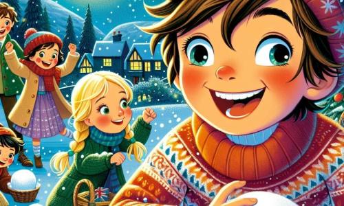 An 11-year-old boy, Max, with messy brown hair and sparkling joyful eyes, is at the center of the image. He wears a large red sweater with a snowflake pattern and a blue wool hat, laughing heartily as he throws a snowball. Next to him is his little sister Lily, a 7-year-old girl with blonde braids and a bright smile, gathering snow to make a snowball, her cheeks rosy from the cold. In the background, their friends, including Timmy, a 10-year-old boy with glasses and a green coat, are preparing to throw snowballs, all laughing and having fun together. The setting is an enchanting winter landscape, with trees covered in sparkling snow, a starry sky, and a bright moon illuminating the scene. In the distance, warmly lit houses create a festive atmosphere. The main scene shows Max and his friends in a snowball fight, their faces beaming with happiness, capturing the joyful spirit of New Year's celebration.