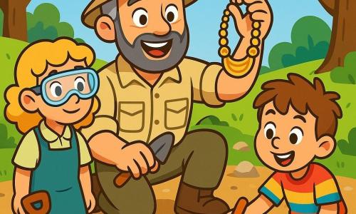 A man, Professor Oliver, is at the center of the image, with graying hair and a well-groomed beard. He wears an explorer's hat and a beige shirt, his face radiating excitement and curiosity. He is crouching, holding a small shovel in one hand and an ancient artifact in the other, with a look of wonder. Next to him is an 8-year-old girl, Lily, with curly blonde hair, wearing a gardening apron and protective goggles. She watches the professor intently, her eyes shining with admiration. A 6-year-old boy, Max, with messy brown hair and a colorful t-shirt, is digging into the ground with a small brush, a broad smile on his face. The setting is an outdoor archaeological site, surrounded by green hills and large trees. The ground is scattered with stones and debris, with archaeological tools around them. The main scene shows Professor Oliver discovering a beautiful ancient necklace, while Lily and Max watch in awe, their faces lit up with the joy of discovery.