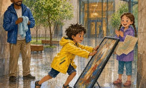 A 6-year-old boy with a round face, tousled light-brown hair and bright eyes looks brave and amazed in a shiny yellow rain jacket and wet sandals as he runs through pouring rain to steady a leaning sign against a wall; a girl of about six (Maya) with brown hair in two braids smiles and cheers under a glass shelter holding a large folding map, while their father, 35–40, light beard and blue jacket, stands under the roof edge on the left, drying a towel and watching proudly; the scene is a museum courtyard with wet pale paving stones, square planter trees, smooth wooden benches, large glass doors and a reflective puddle, rain creating visible splashes and droplets and an overall mood of helping and a small summer adventure.