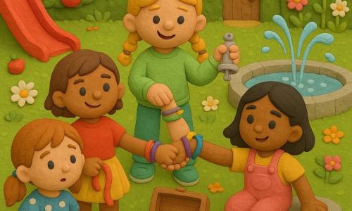 Four 6-year-old girls—Mia (light brown pigtails, blue polka-dot dress, curious, holding a crumpled card), Lola (short brown hair, red tee and yellow skirt, holding a red ribbon, standing proudly), Nora (blond braids, light green sweater and pants, holding a silver bell, smiling and holding Zoe’s hand) and Zoe (straight black hair, pink overalls, yellow shoes, leaning on a stone by a fountain)—stand in a sunny garden with textured green grass, colorful flowers, a red slide, an apple tree and a stone fountain, gathered in a semicircle around an open small wooden chest near the fountain containing four bright wool bracelets, wrists joined in the center, joyful atmosphere, saturated colors, soft rounded shapes and visible clay-model textures.