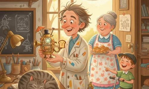 A smiling, wide-eyed inventor with tousled gray-brown hair and a stained work smock delicately holds a small brass device of springs and glowing buttons on a wooden bench while Mrs. Peabody, a round-faced neighbor in her sixties with gray hair in a bun and a floral apron, stands in the workshop doorway holding a tray of scones and smiling, a nine-year-old boy named Ollie in shorts and a cap laughs and points from the threshold with his scooter propped against the wall, a lazy round tabby cat called Widget sleeps curled on a pile of metal parts with a paw over a crumpled notebook, and the warm, cluttered workshop—wooden shelves of jars, a chalkboard of sketches, articulating lamps and a morning golden light—frames the inventor proudly presenting his brass 