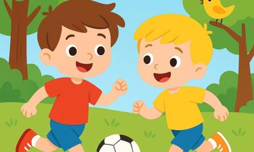 A young boy named Jack, around 8 years old, smiles with sparkling eyes, wearing a red t-shirt and shiny shoes. He is enthusiastically kicking a soccer ball, his brown hair slightly blowing in the wind. Next to him is his friend Tim, another 8-year-old boy with blonde hair and a yellow t-shirt, running towards the ball with a big smile, ready to catch it. The setting is a lush park with leafy trees and a bright blue sky. Colorful flowers line the path, and a small bird sings on a branch, watching the two friends play. The scene captures Jack and Tim in action, laughing and having fun together, illustrating the spirit of teamwork and the joy of playing soccer.