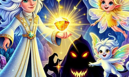 A mage named Eldrin stands at the center of the scene, wearing a shimmering robe that sparkles like the stars. His white hair gently floats in the wind, and his eyes shine with determination and kindness. He reaches out toward a beautiful golden gem, the Sunstone, which radiates a warm, brilliant light. Next to him, a Sand Sprite, a small fairy-like creature with translucent, colorful wings, joyfully flutters around him. She resembles a girl with golden hair and a bright smile, encouraging him with playful gestures. A little further away, the Shadow Wraith, a dark and mysterious figure, watches the scene with glowing red eyes. Though threatening, he shows a curious expression, intrigued by Eldrin's bravery. The scene takes place in the Cave of Whispers, a magical place with shimmering walls adorned with glowing crystals that cast colorful reflections on the ground. Shadows dance around them, creating a mysterious and enchanting atmosphere. Eldrin, with courage and determination, is about to take the Sunstone to protect the desert, while the Shadow Wraith, touched by his selflessness, begins to embrace the light and hope.