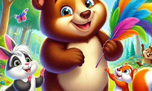 Um urso pardo, chamado Tico, com pelagem macia e olhos brilhantes de curiosidade, está no centro da cena, agitando uma grande pena colorida com um sorriso alegre no rosto. À sua direita, um porquinho-da-índia de grandes orelhas, chamado Zeca, com pelos brancos e cinzas, ri muito, com as patas levantadas, pronto para dar abraços. À esquerda, uma raposa astuta, Lola, com pelagem laranja viva e uma cauda fofa, observa com um sorriso travesso, segurando uma pena vermelha nas patas. Ao fundo, uma floresta encantada, com árvores de folhas verdes brilhantes, flores coloridas e um céu azul claro, cria uma atmosfera alegre e mágica. A cena mostra Tico e seus amigos brincando juntos, rindo e se abraçando com as penas, cheios de felicidade e amizade.