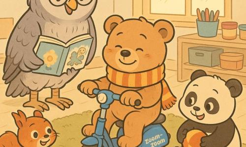 Benny is a small living teddy bear seated proudly on his shiny blue scooter called Zoom-Zoom, round face, light brown fur, striped scarf, relieved smiling expression as he settles on a small mossy green rug; Mrs. Owl is a large gray-feathered owl with round glasses, a kindly gaze, leaning toward Benny; Nettle the squirrel is small and red-haired with sparkling eyes, holding colorful stickers and softly applauding on the rug to Benny’s left; Panda Cub is a chubby panda cub with a mischievous smile holding a soft ball to Benny’s right, leaning forward; the classroom is warm with cream walls and large windows letting in golden light, low shelves of crayons and paint jars, a large cream round rug with marigold motifs and a play area for wheeled toys; the scene shows the reading circle with Benny on his rug by his scooter and friends in a semicircle, Mrs. Owl reading an illustrated book, calm pastel colors, soft textures and rounded lines.