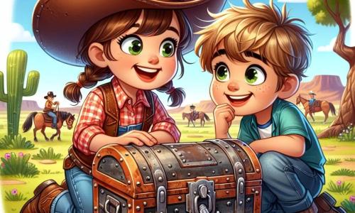 Liza, o tânără cowgirl de șapte ani, stă în centrul imaginii, cu un zâmbet mare pe față. Ea poartă o pălărie de cowboy, o cămașă în carouri roșii și o vestă din piele, precum și cizme din piele uzate. Părul ei brun este prins în două codițe și privește cu curiozitate o cutie veche din metal ruginit pe care încearcă să o deschidă. Lângă ea se află Tom, un băiat de aceeași vârstă, cu părul blond în dezordine și ochii strălucind de excitație. El poartă un tricou albastru și o pereche de blugi. Se apleacă înainte, observând cu atenție cutia, pregătit să o ajute să o deblocheze. Mediul lor este un ranch însorit, cu un cer albastru deschis și coline verzi la orizont. Cactuși și cai pasc în depărtare, în timp ce un stejar bătrân oferă umbră scenei. Situația principală îi arată pe Liza și Tom în plină căutare pentru a descoperi secretul cutiei misterioase, fețele lor fiind iluminate de anticipație și aventură.