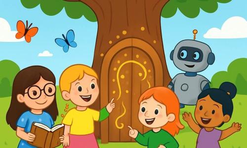 Er zijn 4 kinderen: - Noor: een 8-jarig meisje met lang bruin haar en ronde bril. Ze draagt een blauwe jurk met witte stippen en houdt een oud boek in haar handen. - Saar: een 7-jarig meisje met blonde vlechten en een stralende glimlach. Ze is gekleed in een gele t-shirt en een roze rok, en kijkt verwonderd naar de geheime deur. - Lotte: een 9-jarig meisje met rood haar en sproeten. Ze draagt een groene trui en een spijkerbroek, en wijst naar de robot Tikkie. - Mila: een 6-jarig meisje met zwart haar in een knot en sprankelende ogen. Ze is gekleed in een paarse jurk en danst vrolijk rond de deur. De situatie speelt zich af in een groen park met een majestueuze eik in het midden, waarvan de bladeren wijd uitwaaieren. Onder de boom schittert een houten deur met gouden patronen in het zonlicht, omringd door kleurrijke bloemen en fladderende vlinders. De vier meisjes staan rond de geheime deur, hun gezichten verlicht door opwinding. Tikkie, de vriendelijke robot, staat naast hen, klaar om hen mee te nemen op een ongelooflijk avontuur door de tijd.