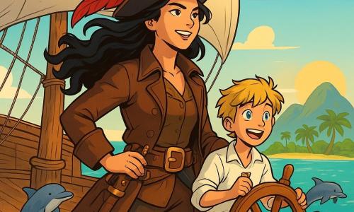 La capitana Mariana, una mujer intrépida de unos treinta años, se encuentra orgullosamente en la cubierta de su barco, el 
