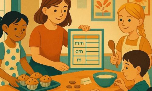 Vier meisjes van ongeveer 11 jaar verkopen muffins op een schoolmarkt in een grote aula met hoge plafonds en licht parket; Eline (bruin halflang haar, lichte sproet) staat achter de tafel en houdt centraal een grote gelamineerde kleurkaart met een 