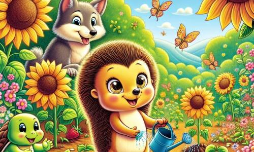 Nocciolina, un piccolo riccio dai pungiglioni dorati e dagli occhi scintillanti di gioia, si trova al centro di un giardino soleggiato, sorridente e piena di entusiasmo, mentre pianta semi di girasole nella terra fertile. Alla sua destra, Lupo, un lupo amichevole con pelliccia grigia e occhi dolci, annaffia le piante con un piccolo annaffiatoio, mostrando un'espressione concentrata ma felice. Alla sua sinistra, la Lepre, con il suo pelo marrone e le lunghe orecchie, sta raccogliendo fragole succose, con un grande sorriso sul volto, mentre la Tartaruga, una tartaruga dal guscio verde, si china per piantare nuovi semi, guardando Nocciolina con ammirazione. Il giardino è un luogo magico, pieno di fiori colorati che danzano al vento, grandi girasoli che si ergono fieri verso il cielo blu e alberi verdi che offrono ombra. La scena mostra Nocciolina e i suoi amici che lavorano insieme con gioia, celebrando l'amicizia e la bellezza della natura, mentre trasformano il giardino in un luogo incantevole per la loro festa d'estate.