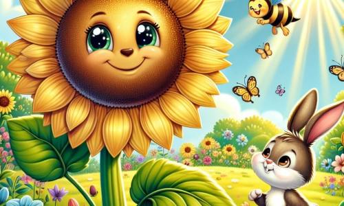 Un grande girasole, con grandi petali gialli brillanti e un cuore marrone dorato, si erge fiero e gioioso al centro di un giardino in piena fioritura, le sue foglie verdi vibranti si estendono verso il cielo. Sorride, con gli occhi scintillanti di felicità, mentre danza dolcemente sotto i raggi dorati del sole primaverile. Accanto a lui, una piccola ape, con un corpo a strisce nere e gialle e delicate ali traslucide, vola gioiosamente, raccogliendo polline. Sembra entusiasta, con un sorriso sul volto, mentre svolazza intorno al girasole. Un po' più in là, un coniglietto dalle grandi orecchie, con un morbido pelo marrone e occhi brillanti, salta allegramente, tenendo un cestino pieno di uova colorate. Sembra eccitato e felice, pronto a condividere la sua gioia con i suoi amici. Il giardino è un vero quadro di colori, con fiori di tutte le sfumature, farfalle che volano intorno e un cielo blu splendente. Raggi di sole filtrano tra le foglie, creando un'atmosfera calda e accogliente. La scena mostra il girasole, circondato dai suoi amici, mentre celebra la bellezza della primavera e danza insieme sotto il sole, pieni di gioia e amicizia.