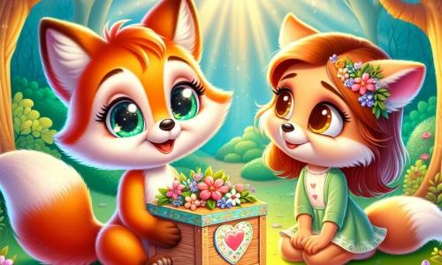 Rocco, una piccola volpe dai peli arancioni e dagli occhi scintillanti, è seduto sull'erba verde, con un sorriso radioso sul volto, mentre tiene una bella scatola di legno decorata con fiori. Accanto a lui, sua mamma, Clara, una volpe dal manto morbido e crema, con occhi calorosi, guarda la scatola con lacrime di gioia, un sorriso commosso che illumina il suo viso. Lo sfondo è un magnifico boschetto, con alberi maestosi dalle foglie brillanti e fiori colorati che danzano al vento, mentre i raggi di sole filtrano tra i rami, creando un'atmosfera magica. La scena principale mostra Rocco che offre la scatola a sua mamma, piena di ricordi preziosi, in un momento tenero ed emozionante per la festa della mamma, dove l'amore e la gioia risplendono intorno a loro.