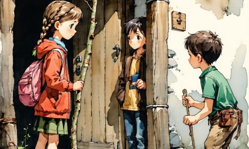 Cztery dzieci: Lila, 10 lat, jasnobrązowe włosy w warkoczach, duże uważne oczy, czerwona kurtka, trzyma gałąź jak kij, stoi na środku-po lewej, patrzy w stronę drzwi leśniczówki; Bartek, 11 lat, krótkie brązowe włosy, zdecydowany wyraz twarzy, zielona koszula, scyzoryk przy pasku, po lewej przygotowuje prosty mechanizm z liny; Maja, 9 lat, kręcone blond włosy, nieśmiały lecz odważny uśmiech, niebieska sukienka, kuca po prawej i układa kamyki oraz żołędzie na schodach jako pułapkę dźwiękową; Olek, 11 lat, na wózku inwalidzkim, czarne włosy, szary płaszcz, spokojne spojrzenie, nieco z tyłu na środku, obserwuje i wydaje polecenia, ręka na kole. Miejsce: stara drewniana leśniczówka na zacienionej polanie, postarzałe deski, okna ciemne, drzwi z zadrapaniami, zniszczony ganek, wysoka trawa i igliwie, brzozy i świerki wokół, zimne zmierzchowe światło między pniami. Sytuacja: dzieci jako ostrożny zespół przed otwartymi drzwiami chaty; wielki zły czarny wilk z wydłużonym pyskiem i żółtymi błyszczącymi oczami częściowo pojawia się w drzwiach, widać włochate łapy i błyszczące pazury, napięta scena: głębokie cienie, przenikliwe spojrzenie wilka i skoordynowane gesty dzieci broniących leśniczówki i pomagających komuś w środku.