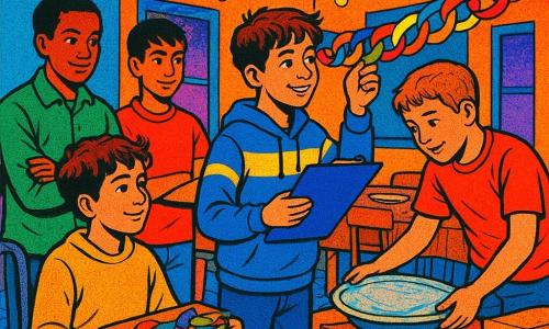 Four 11-year-old boys decorate a community center at dusk: Milo, tousled brown hair, striped blue-and-yellow hoodie, stands center holding a clipboard and a ribbon; Zayd, tall and slim with short black hair and a green jacket, stands left with arms crossed watching thoughtfully; Omar, sturdier with light brown hair and a red T‑shirt, stands right carefully holding a covered dish; Hassan, curly-haired in a gray wheelchair wearing a mustard sweater, sits front holding the box of colorful paper garlands. They hang a long paper garland of kind words above a well-stocked donation table before iftar, Milo holding the ribbon, Hassan adjusting a loop, Omar stabilizing the dish and Zayd watching, bathed in warm golden light with saturated pop-art colors, bold outlines, visible paper textures, and a soft festive atmosphere.