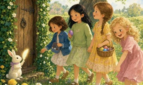 Four girls—Emma (~8, light brown braided hair, yellow floral dress, holding a wicker basket of colorful eggs, looking at a wooden door to the left), Lily (~7, curly blonde hair, pink dress, laughing and pointing at a blue egg on the ground, in front and right of Emma), Zoey (~8, straight black hair, soft green sweater, smiling while holding a purple egg and Zoey holds Mia’s hand, standing center), and Mia (~7, short brown hair, blue jacket, holding an open small blue pouch and dropping a small sparkling white stone, left of Zoey)—follow a small fluffy white rabbit with a pastel ribbon sitting near an ivy-covered wooden door; the rabbit looks at the children and holds a glowing feather. Scene: a spring rainbow meadow with tender green grass dotted with daisies and dandelions, golden morning light, pale blue sky, a background old oak and an isolated wooden door covered in yew and small white flowers; the girls gather before the magical door with baskets of bright eggs, joyful pastel gouache textures, soft lines and slightly blurred contours.