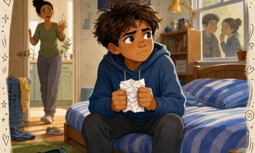 A 12-year-old boy with a round face, messy brown hair and large wet eyes sits on the edge of a blue-striped bed holding a crumpled note with both hands, looking worried yet determined; his mother, about 35 with hair in a bun and casual clothes, calls from the kitchen doorway at the left, blurred in the background; two classmates (a 12-year-old boy and an 11-year-old girl) appear as small blurred silhouettes with mock smiles doodled in the window reflection, suggesting offscreen whispers; the bright but slightly messy room has a planet poster, a bookshelf with a yellow desk lamp, a green rug and an open backpack with pencils; he has just found a hurtful note and appears small and fragile but ready to act, the scene contrasting vulnerability (crumpled paper, hunched posture) with a spark of courage (clenched fists, gaze fixed toward the door).