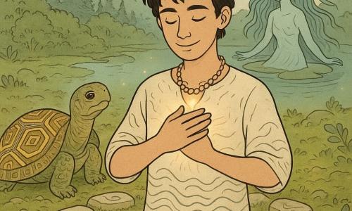 A young man, smiling yet focused, hands on his chest, soft gaze downward, tousled black hair, wearing a light linen garment with wave motifs and a small shell necklace, stands at the center of a ring of stones emitting a faint halo; to his left, an elderly wise female turtle with a broad shell decorated with golden geometric patterns and calm bright eyes rests on mossy ground looking at him; in the background a venerable female lagoon figure floats on a large water-lily leaf with long algae-like hair and slightly translucent skin, singing toward him at the edge of a luminous pool; the setting is a wooded mountain summit with moss and silvery leaves underfoot, a carved stone circle bearing wind and water symbols, fine golden mist and moving stars in the sky; the moment captures the man discovering a true gesture as soft light springs from his hand over his chest, the stones and mist responding, creating a peaceful, wondrous, benevolent atmosphere.