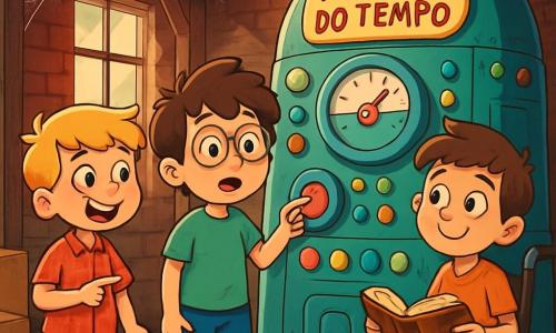 Há 3 personagens: - Miguel: um garoto de 10 anos, com cabelos castanhos bagunçados e óculos redondos. Ele usa uma camiseta verde e um short azul, está no centro, olhando maravilhado para a máquina do tempo. - Lucas: um garoto de 10 anos, com cabelos loiros e olhos brilhantes. Ele veste uma camisa xadrez vermelha e um jeans, está à esquerda de Miguel, apontando para a máquina com um grande sorriso. - Caio: um garoto de 10 anos, com cabelos castanhos e um olhar gentil. Ele está em sua cadeira de rodas à direita de Miguel, segurando um livro antigo, fascinado pela descoberta. O local é um velho alpendre de madeira, cheio de poeira e teias de aranha. As paredes são de tijolos vermelhos, e uma luz suave filtra através de uma janela quebrada, iluminando uma máquina do tempo maciça, adornada com botões coloridos e luzes piscantes. Caixas e objetos antigos estão espalhados ao redor, criando uma atmosfera misteriosa e mágica. A cena principal mostra os três amigos descobrindo a máquina do tempo, com expressões de surpresa e excitação em seus rostos, prontos para apertar um botão e começar sua incrível viagem no tempo.