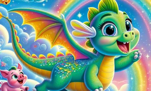 Um dragão chamado Fumacinha, um jovem dragão com escamas brilhantes que mudam de cor, está voando alegremente no céu. Suas escamas brilham em um verde vibrante, e seus grandes olhos redondos expressam imensa alegria e admiração. Ele bate as asas com entusiasmo, deixando para trás um rastro de purpurina colorida. Ao seu lado, Rápido, um pequeno porquinho rosa com grandes orelhas, salta de alegria em uma nuvem em forma de coração. Ele tem um sorriso radiante e suas patas estão levantadas, como se estivesse aplaudindo a façanha de Fumacinha. Um pouco mais adiante, Pipo, um dragão travesso de pelagem laranja e olhos brilhantes, ri enquanto flutua em outra nuvem, segurando uma grande pera em forma de coração. O céu é de um azul vibrante, salpicado de nuvens fofas e coloridas, enquanto abaixo, a Montanha do Sorriso se ergue majestosa, com flores multicoloridas e rios cintilantes serpenteando em sua base. A cena principal mostra Fumacinha, o dragão, que acaba de realizar seu sonho de voar, cercado por seus amigos, celebrando juntos essa maravilhosa aventura em um mundo mágico e alegre.