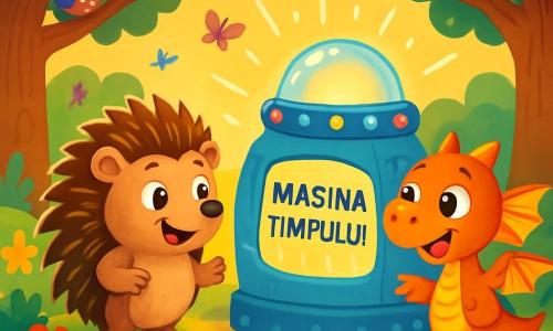 Un arici curios numit Puf, cu un blană brună și țepi aurii, zâmbește cu uimire în timp ce descoperă o mașină a timpului strălucitoare, împodobită cu lumini colorate. Puf stă pe o mică colină, înconjurat de flori strălucitoare și frunze verzi, cu ochii strălucind de bucurie și entuziasm. Lângă el, un dragonel portocaliu, Dino, cu aripi sclipitoare și un zâmbet larg, se apropie cu curiozitate, privindu-l pe Puf cu admirație, gata să-l însoțească în această nouă aventură. Locul este o pădure fermecată, scăldată în lumină aurie, cu copaci majestuoși și crengi care se întind ca niște brațe primitoare. O situație principală îi arată pe Puf și Dino, uimiți, în fața mașinii timpului, în timp ce o lumină strălucitoare se revarsă din ea, promițând aventuri extraordinare.