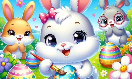 A little bunny named Benny, with soft white fur, large pink ears, and sparkling joyful eyes, is painting colorful Easter eggs in his garden. He is smiling widely, holding a brush in one paw, while a blue egg decorated with small stars shines beside him. Nearby, two other bunnies, a small light brown female bunny with a pink bow on her head and another gray bunny with round glasses, watch in wonder at Benny's creations. The female bunny is smiling, holding a yellow egg decorated with flowers, while the gray bunny claps enthusiastically. The garden is filled with bright flowers, colorful butterflies, and a clear blue sky, creating a joyful spring atmosphere. In the center of the image, Benny and his friends are surrounded by shiny Easter eggs, ready for the egg hunt, filled with delicious surprises.
