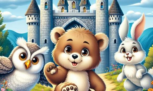 Ein kleiner brauner Bär mit weichem Fell und runden, aufgeregten Augen steht vor einem majestätischen mittelalterlichen Schloss, die Pfoten erhoben, als wäre er bereit, sich ins Abenteuer zu stürzen. Neben ihm sitzt eine weiße Eule mit großen, neugierigen Augen auf einem Ast und schaut mit einem schelmischen Lächeln, während ein kleiner grauer Hase mit aufgerichteten Ohren fröhlich über den Boden hüpft, seine Augen vor Begeisterung funkeln. Das Schloss mit seinen hohen grauen Steintürmen ist mit bunten Fahnen geschmückt, die im Wind wehen, und ein strahlend blauer Himmel mit flauschigen Wolken breitet sich darüber aus. Im Vordergrund säumen leuchtend bunte Wildblumen den Weg zum Schloss und verleihen der Szene einen Hauch von Magie. Die Hauptsituation zeigt den Bären, die Eule und den Hasen, die sich darauf vorbereiten, in das Schloss einzutreten, um sich einer spannenden Herausforderung zu stellen: einem Wettrennen gegen einen freundlichen Drachen, das ihren Mut und ihren Abenteuergeist symbolisiert.