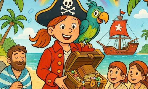 A smiling, brave young pirate captain named Rosie with a round freckled face and red ponytail wearing a bright red jacket with gold buttons stands with her feet in cream sand holding an open chest spilling colorful jewels and a large old book; Polly the parrot with green, blue, and yellow feathers perches on her right shoulder with wings slightly open and a mischievous look; Sam, a roughly 30-year-old sailor with messy brown hair wrapped in a striped blanket, sits by a rock to Rosie’s left smiling gratefully at the treasure; two teenage crew members kneel to the right admiring the jewels; the bright red ship The Starfish is anchored near shore with its sail full and a starfish flag; the tropical island has curved palms, large colorful flowers, a shining rainbow, a few white clouds and drying rain; the joyful post-storm scene is bathed in golden light on the chest with sparkling multicolored gems, warm comforting atmosphere, centered composition on Rosie and the chest, vivid contrasting colors, clean lines and soft outlines suitable for toddlers.