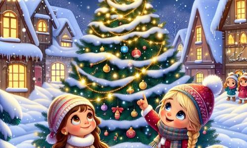 In een charmant besneeuwd dorp staan twee vriendinnen aan de voet van een grote majestueuze kerstboom. Lila, een 8-jarig meisje met lange bruine haren en sprankelende ogen, zit op haar speciale stoel, glimlachend en kijkend naar de lucht. Naast haar wijst Noor, een 7-jarig meisje met vlechten en een rode muts, naar een heldere ster die aan de takken van de boom hangt. Het dorp is versierd met fonkelende lichtslingers en de houten huizen zijn bedekt met een dikke laag sneeuw. Sneeuwvlokken vallen zachtjes uit de lucht, wat een magische en feestelijke sfeer creëert. Lila en Noor proberen de mooie gouden ster terug te halen die verloren is gegaan op de top van de boom, wat de kerstgeest symboliseert. Ze zijn omringd door fonkelende sneeuw, en hun gezichten stralen van vreugde en opwinding.