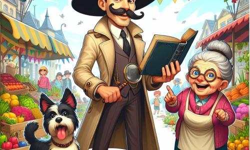 Een mannelijke detective, genaamd Daan, staat in het midden van de afbeelding, met een grote zwarte hoed en een gekrulde snor, met een uitdrukking van vastberadenheid en nieuwsgierigheid. Hij draagt een beige trenchcoat en houdt een groot open boek in één hand, terwijl hij met de andere hand wijst naar een kleine zwart-witte terriër, Max, die hem met een blije en ondeugende blik aankijkt. Naast Daan staat een oude dame, mevrouw Klomp, ongeveer 70 jaar oud, met grijs haar in een knot en ronde bril. Ze is op haar knieën, met open armen, klaar om haar geliefde hond Max te verwelkomen. De achtergrond toont een kleurrijke markt, vol met fruit- en groentestands, stralende bloemen en ballonnen die in de lucht zweven. Op de achtergrond spelen en lachen kinderen, wat een vrolijke sfeer aan de scène toevoegt. De hoofdscène toont Daan, de detective, die mevrouw Klomp onthult dat haar hond Max is teruggevonden, terwijl de zon schijnt en vogels zingen, wat een sfeer van geluk en opluchting creëert.