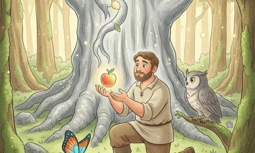 Elias, ronde gezicht, korte baard, groene ogen, verwonderde zachte blik, handen uitgestrekt om een glanzende appel te ontvangen; hij draagt een beige linnen hemd, bruine broek en leren laarzen. Een wijze uil met grijs-witte veren en grote gouden ogen zit op een lage tak rechts van hem, de kop naar hem gedraaid alsof ze spreekt. Een kleurrijke vlinder met blauw-cyaan en feloranje vleugels vliegt op de voorgrond bij Elias' gezicht, vleugels wijd in vlucht. De scène: een betoverde bosopen plek met groen gras en paarse bloemetjes, mos bedekte oude stammen, gouden zonnestralen en zwevende vuurvliegjes; een reusachtige boom met knoestige wortels en zilverkleurige schors reikt een tak uit en laat een lichtgevende appel vallen naar Elias. Warme, pastelkleuren, zachte texturen, licht dalend perspectief om de grootte van de boom te benadrukken; grafische stijl met zuivere lijnen, zachte contouren, lichte schaduwen, digitale aquarel/vektorillustratie in een sprookjesachtige kinderstijl.