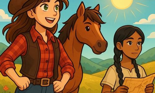 Marisela, o tânără cowboy de aproximativ 20 de ani, stă mândră pe o colină, cu părul castaniu fluturând în vânt, fața ei marcată de o determinare strălucitoare și o curiozitate plină de viață. Poartă o pălărie de cowboy uzată, o cămașă în carouri roșii și o vestă din piele, iar ochii ei verzi strălucesc de entuziasm în timp ce scrutează orizontul. Lângă ea, Bric, micul ei cal robust, are o coamă zburlită și ochi vii, stând cu o postură atentă, pregătit să o urmeze în aventură. Puțin mai departe, Asha, o tânără de aproximativ 18 ani, cu părul negru împletit și pielea bronzată, observă scena cu atenție, ochii ei gri plini de înțelepciune, ținând o hartă veche în mâini, gata să o ajute pe Marisela. Peisajul este o vastă pajiște aurie, presărată cu flori sălbatice colorate și mici coline ondulate sub un cer albastru strălucitor, unde soarele strălucește intens, creând umbre blânde pe sol. Situația principală arată cum Marisela și Asha descoperă o hartă veche, realizând că sunt pe punctul de a găsi un drum misterios care le va conduce spre o vale uitată, plină de promisiuni și secrete de explorat.
