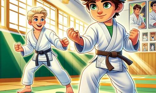 In un dojo luminoso, due ragazzi sono al centro dell'attenzione. Marco, un ragazzo di otto anni con capelli castani e occhi vivaci, indossa un judogi bianco leggermente stropicciato ed è in posizione di combattimento con uno sguardo determinato. Accanto a lui, Luca, un ragazzo di nove anni con capelli biondi e occhi blu, sorride con fiducia, pronto a sostenerlo. Anche lui indossa un judogi bianco, ma il suo è impeccabilmente piegato. Il dojo è decorato con tatami verdi e pareti in legno chiaro, con manifesti di campioni di judo appesi. La scena principale mostra Marco e Luca in azione, pronti a combattere durante un torneo di judo. Marco, in una postura concentrata, si lancia verso il suo avversario, mentre Luca, sullo sfondo, lo incoraggia con entusiasmo, alzando le braccia in segno di sostegno. L'energia e l'eccitazione di questo momento catturano lo spirito di squadra e l'amicizia che li unisce.