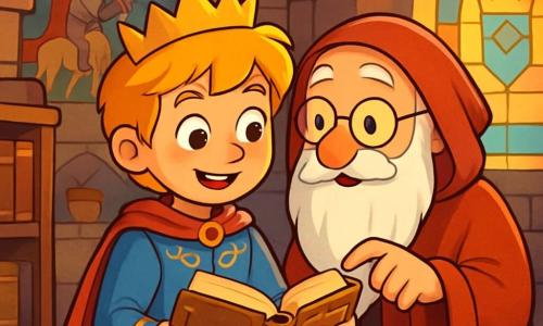Un giovane principe di nome Elian, di circa 12 anni, si trova al centro della scena, con capelli dorati e occhi pieni di curiosità. Indossa una tunica blu decorata con motivi dorati, e il suo viso esprime una gioiosa determinazione. Accanto a lui, un vecchio saggio con lunga barba bianca e occhiali rotondi osserva attentamente il libro antico che Elian tiene in mano, i suoi occhi brillano di saggezza e incoraggiamento. Il contesto è la sala delle leggende del castello, con muri in pietra adornati da affreschi colorati che rappresentano antiche storie. Grandi finestre lasciano entrare la luce dorata del sole al tramonto, illuminando gli scaffali pieni di libri polverosi e mappe antiche. La scena principale mostra Elian, incuriosito e meravigliato, mentre scopre un libro magico che potrebbe contenere la chiave per ritrovare la preziosa Corona di Cristallo, mentre il saggio gli sussurra consigli, creando un'atmosfera di avventura e mistero.