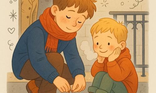 Een intiem wintermoment in de gang van een natte portiek: een 10‑jarige jongen met rond gezicht, sproeten en warrig lichtbruin haar hurkt en strikt de laars van een 6‑jarige blond jongetje dat rood van de kou en verlegen glimlacht, zijn linkerhand tegen zijn wang; de moeder van ongeveer 35 jaar staat in het deurkozijn met een beige jas en opgestoken haar en kijkt liefdevol toe; nat gebladerd straatzand en glanzende plassen op de vloer, versleten deurmat, lichtgeklede tegels en zwarte leuning, warme plafondverlichting en zichtbare adem creëren het contrast tussen buitenkou en binnenwarmte.