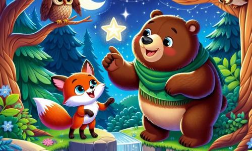 Un grande orso bruno, con un pelo morbido e lucente, guarda meravigliato una stella scintillante nel cielo notturno. I suoi occhi sono rotondi e brillanti di curiosità, e si tiene sulle zampe posteriori, con il muso leggermente sollevato verso il cielo. Accanto a lui, una piccola volpe dal pelo rosso brillante, con occhi maliziosi, sorride gioiosamente indicando la stessa stella, piena di eccitazione. Un gufo saggio, posato su un ramo, osserva la scena con occhi spalancati, mostrando un'espressione di serenità e saggezza, le sue piume delicatamente disegnate in toni bruni e beige. La scena si svolge in una foresta incantata, dove alberi maestosi con foglie verdi vibranti si ergono attorno a loro, e lucciole danzano nell'aria, illuminando la notte con una dolce luce dorata. Al centro della radura, una fontana d'acqua cristallina riflette il cielo stellato, aggiungendo un tocco magico all'atmosfera. L'orso e i suoi amici scoprono insieme la magia del Ramadan, meravigliati dalla bellezza della notte e dall'importanza dell'amicizia, creando un momento di gioia e condivisione sotto le stelle.