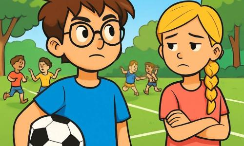 Een 12-jarig jongetje, Lucas, met rommelig bruin haar en een bril, kijkt om zich heen met een nieuwsgierige en vastberaden uitdrukking. Hij draagt een felblauw T-shirt en een gele short, terwijl hij een voetbal onder zijn arm houdt. Naast hem staat zijn beste vriendin Sara, een 12-jarig meisje met lang, gevlochten blond haar, in een roze T-shirt en een spijkerbroek. Ze heeft een verdrietige blik, met gekruiste armen, en staat iets op de achtergrond de scène te observeren. De scène speelt zich af op een buitensportveld, omringd door grote groene bomen en een stralende blauwe lucht. Witte lijnen markeren het voetbalveld en in de verte spelen kinderen, lachend en rennend. Lucas staat in het midden, nadenkend over hoe hij gelijkheid tussen jongens en meisjes kan verdedigen, terwijl de andere kinderen hun teams kiezen zonder aandacht voor Sara. De sfeer is zowel vrolijk als een beetje gespannen, wat het contrast tussen het plezier van het spel en Lucas' bewustzijn illustreert.