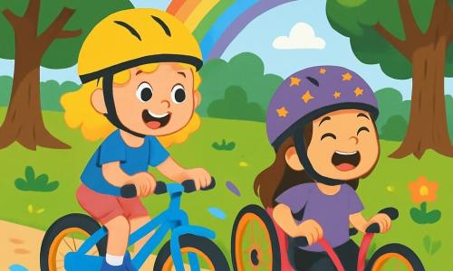 There are 2 main characters: - Lucy: an 8-year-old girl with curly blonde hair, wearing a blue t-shirt and pink shorts. She is on her blue bike, smiling, with a yellow helmet on her head. - Mia: an 8-year-old girl with straight brown hair, wearing a purple t-shirt and black pants. She is in her pink handcycle, with a purple helmet decorated with stars, laughing joyfully. The setting is a lush park with tall trees and shiny green leaves. The ground is covered with fresh, soft grass, and colorful flowers dot the landscape. White clouds float in a light blue sky, while a bright rainbow appears after a light rain. The main scene shows Lucy and Mia racing enthusiastically on their bikes, splashing water from small puddles on the path. They are surrounded by other children cheering them on, creating a joyful and festive atmosphere.