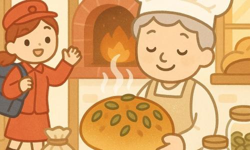 A smiling, serene male baker with soft gray hair, a tall white hat and a flour-stained beige linen apron holds a steaming golden pumpkin-seed loaf in a gentle, welcoming pose; a woman postal worker of about 30 in a red uniform with a blue backpack stands in the bakery doorway to his left, smiling and waving; on a light wooden counter are a small sack of flour and glass jars of seeds, a large open red-brick oven behind emits heat and warm light rays through a clean display, the baker is taking the bread from the oven and sharing a piece—warm ochre, cream and orange palette, rounded simplified shapes and visible textures: shiny crust, dark green seeds, white flour dust.
