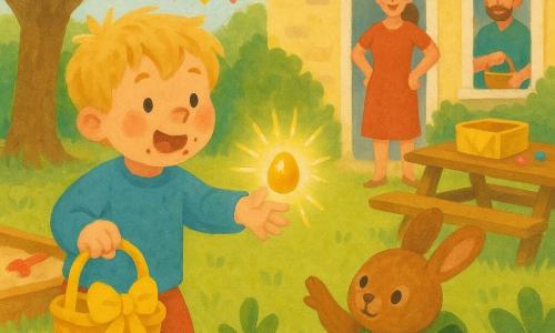 Een blije 4-jarige jongen met verward blond haar en chocoladevlek bij de mond houdt een geel mandje met lint en reikt naar een klein glanzend gouden ei op een lage tafel; een bruin konijntje met een mini-rugzakje bij een lage plant wijst met zijn poot naar het ei; een moeder glimlacht bij de deur met opgestoken haar en handen in de zij, een vader met lichte baard staat in de keuken met een klein rieten mandje; lichte lentetuin met groen gras, grote bladrijke boom links, zandbak met rode schep, picknicktafel rechts, kleurrijke slingers, lege doos met gele doek en verspreide gekleurde chocolade-eieren; magisch rustig moment, warme zonnestraal verlicht het gouden ei en creëert glanzende vlekjes, zachte welkomende sfeer in pasteltinten met zichtbare gouachetexturen.