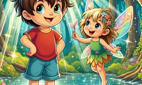 A 5-year-old boy named Oliver, with tousled brown hair and sparkling curious eyes, stands by a shimmering pond, a big smile on his face. He wears a red t-shirt and blue shorts, holding a shiny feather in his hand, symbolizing his courage. Next to him is a small fairy named Lila, with golden hair and rainbow-like sparkling wings, joyfully flying around him. She wears a dress made of flower petals and appears full of energy, her eyes shining with excitement. The setting is an enchanted forest with majestic trees, thick trunks, and whispering green leaves. Sunlight filters through the foliage, creating glimmers on the clear pond water. Colorful flowers surround the pond, adding a touch of magic to the scene. The main situation shows Oliver and Lila celebrating their victory after protecting the Heart of the Forest, surrounded by light and magic, ready for new adventures.