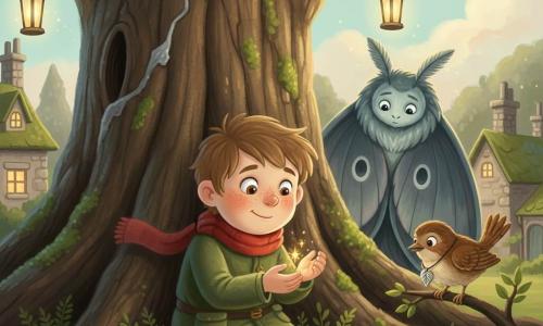A calm, brave 6-year-old boy with a round freckled face and tousled light brown hair kneels by the roots of a massive Heart Tree, holding a small golden spark to return it to a glowing seed at the tree’s base; a curious brown-and-cream wren perches on a low branch to his right wearing a silver leaf pendant, while a shy, deer-sized gray-blue Shade‑Moth with velvety folded wings watches from the tree cavity as the golden light merges with the mossy ground and warms the scene—cozy, magical gouache style with visible brushstrokes and soft edges, stone cottages and pastel sky in the background.